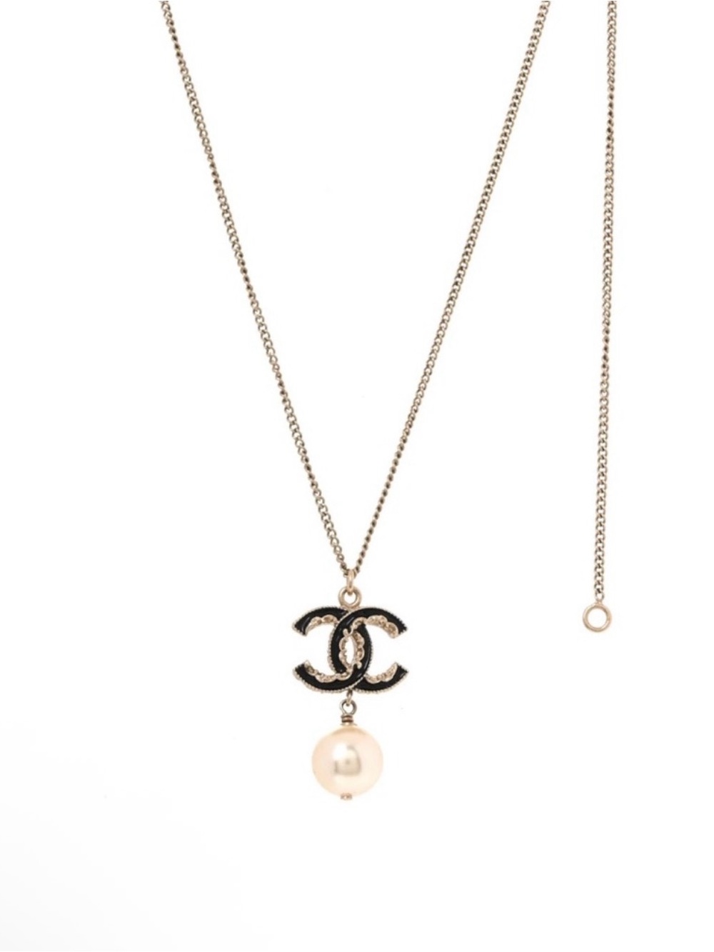CHANEL Gold-Tone Chain Necklace with Black CC Logo and Ivory Pearl
